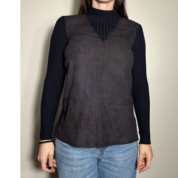Tory Burch Navy Blue Ribbed Sweater Leather Vest Top Size XS - Picture 1 of 6